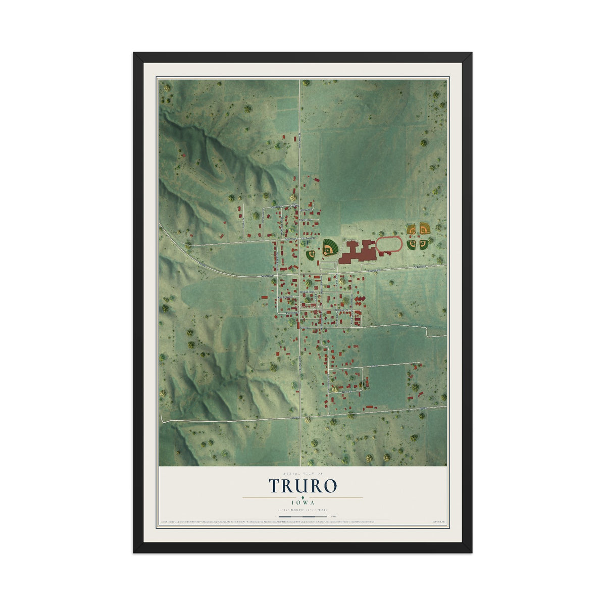 Map of Truro, Iowa, 12 x 18 inch print in a black wood frame