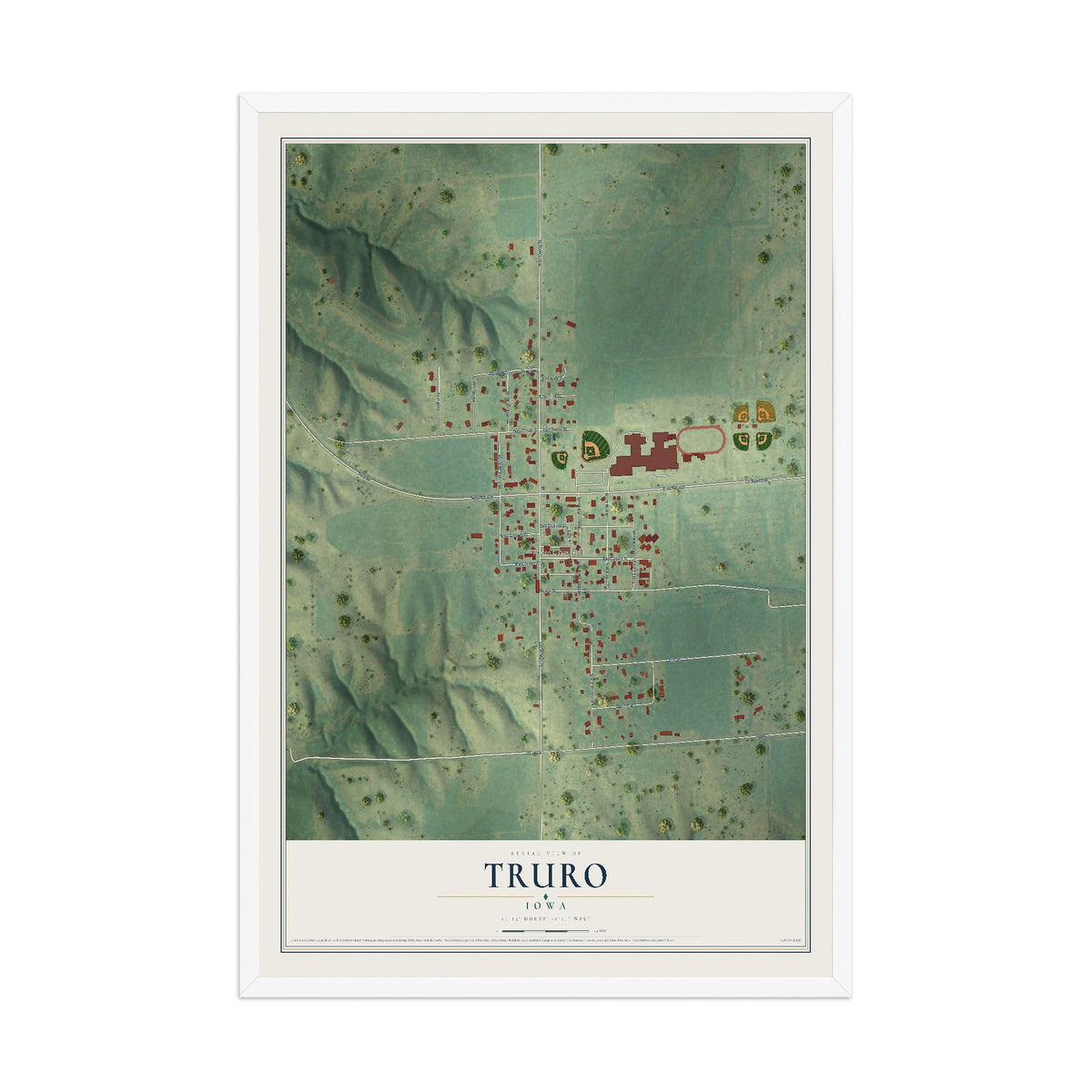 Map of Truro, Iowa, 12 x 18 inch print in a white wood frame