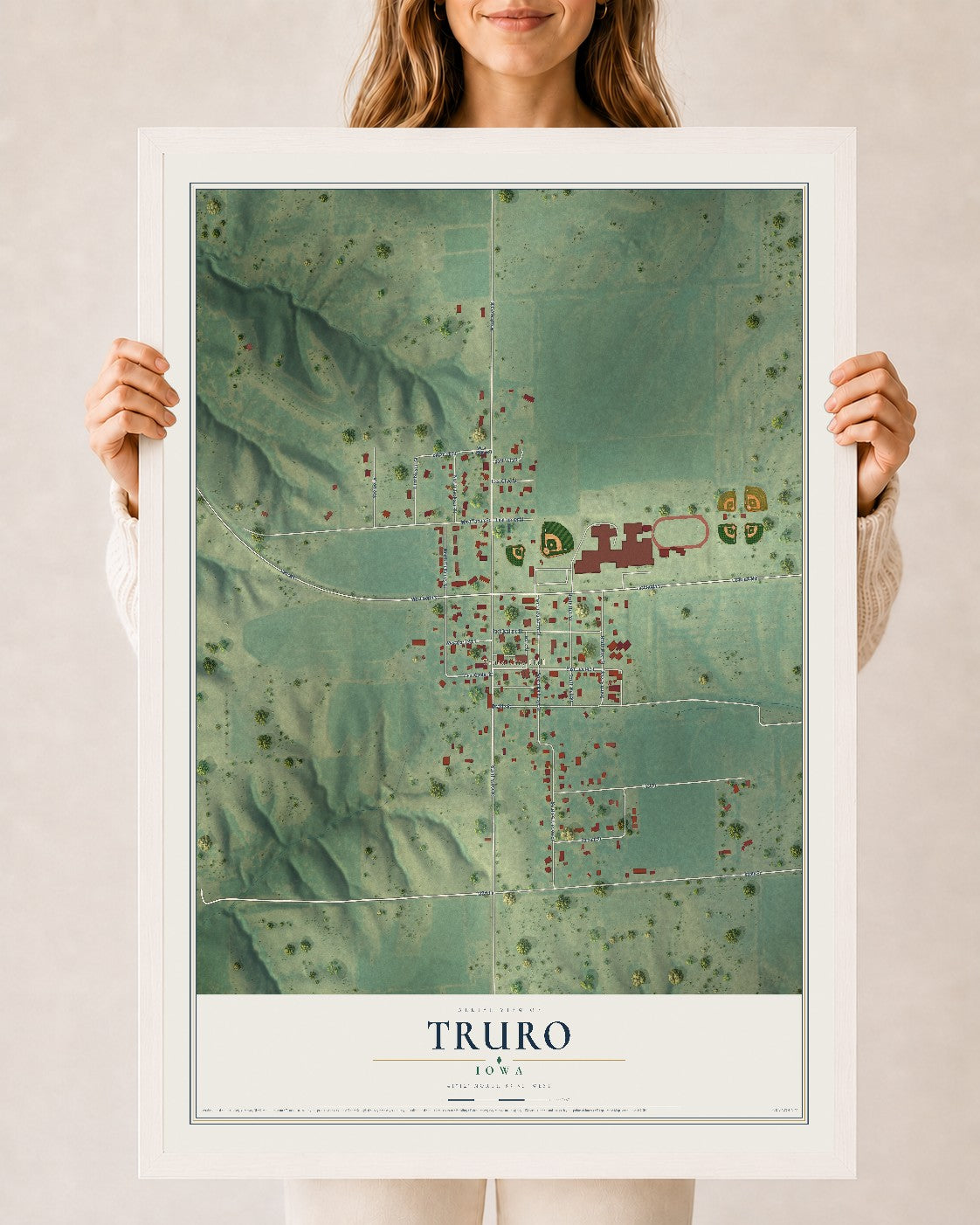Map of Truro, Iowa, 24 x 36 inch print in a white wood frame