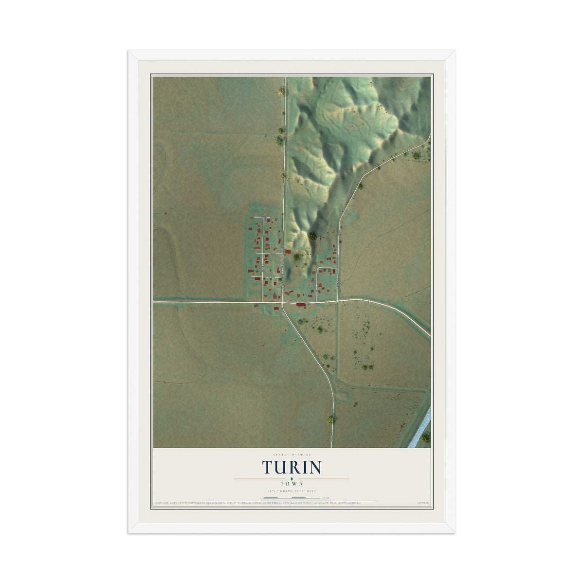 Map of Turin, Iowa, 12 x 18 inch print in a white wood frame