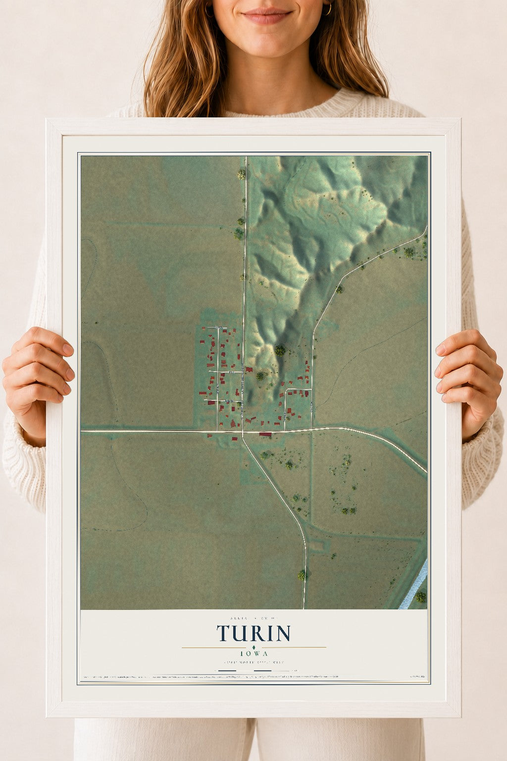 Map of Turin, Iowa, 18 x 24 inch print in a white wood frame
