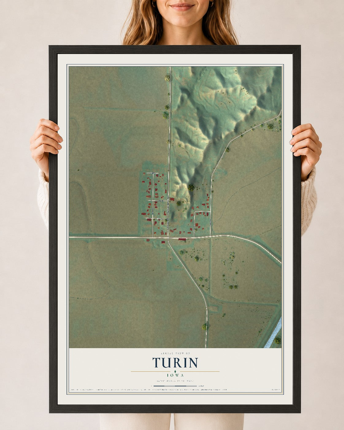 Map of Turin, Iowa, 24 x 36 inch print in a black wood frame