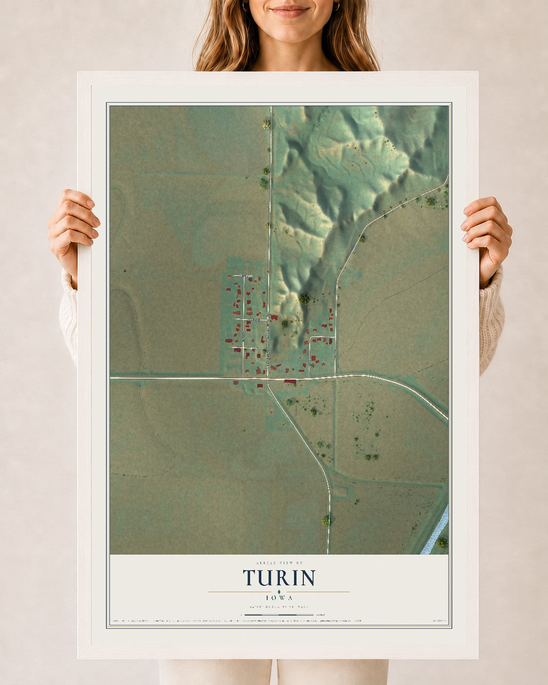 Map of Turin, Iowa, 24 x 36 inch print in a white wood frame