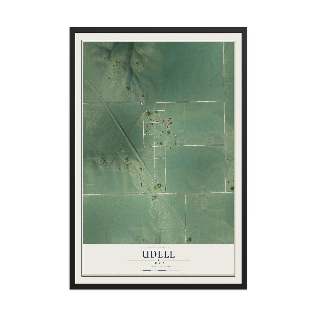 Map of Udell, Iowa, 12 x 18 inch print in a black wood frame