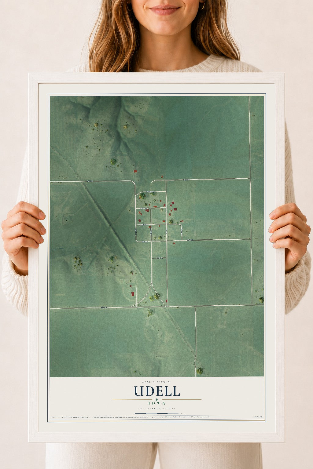 Map of Udell, Iowa, 18 x 24 inch print in a white wood frame