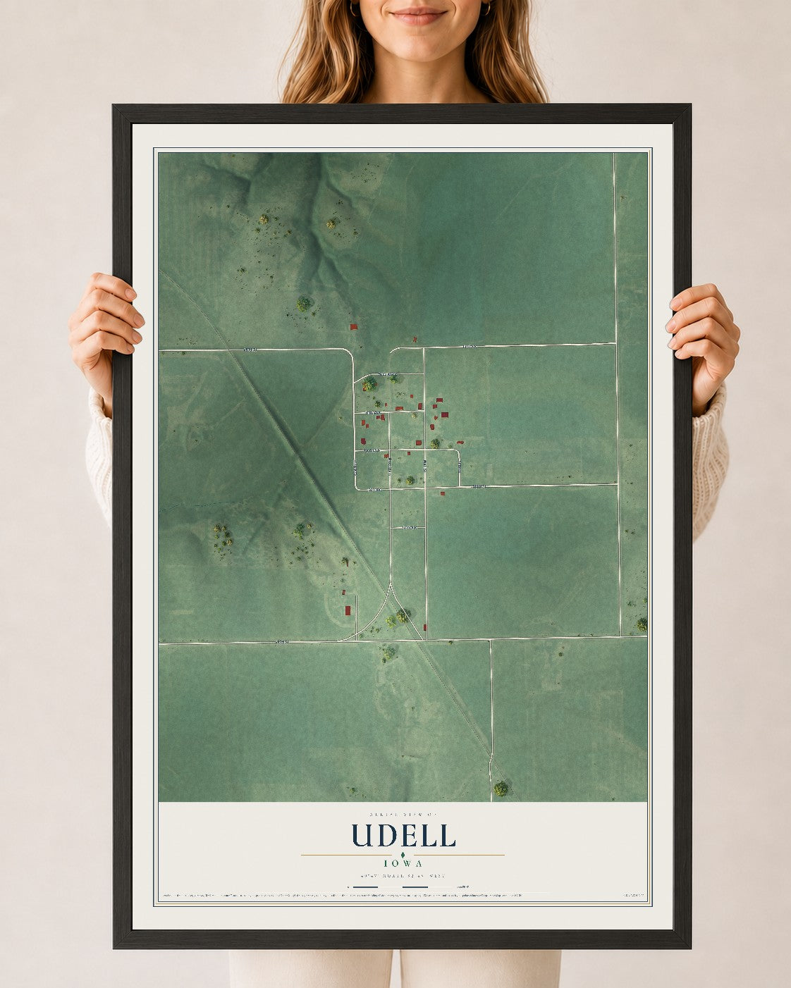 Map of Udell, Iowa, 24 x 36 inch print in a black wood frame