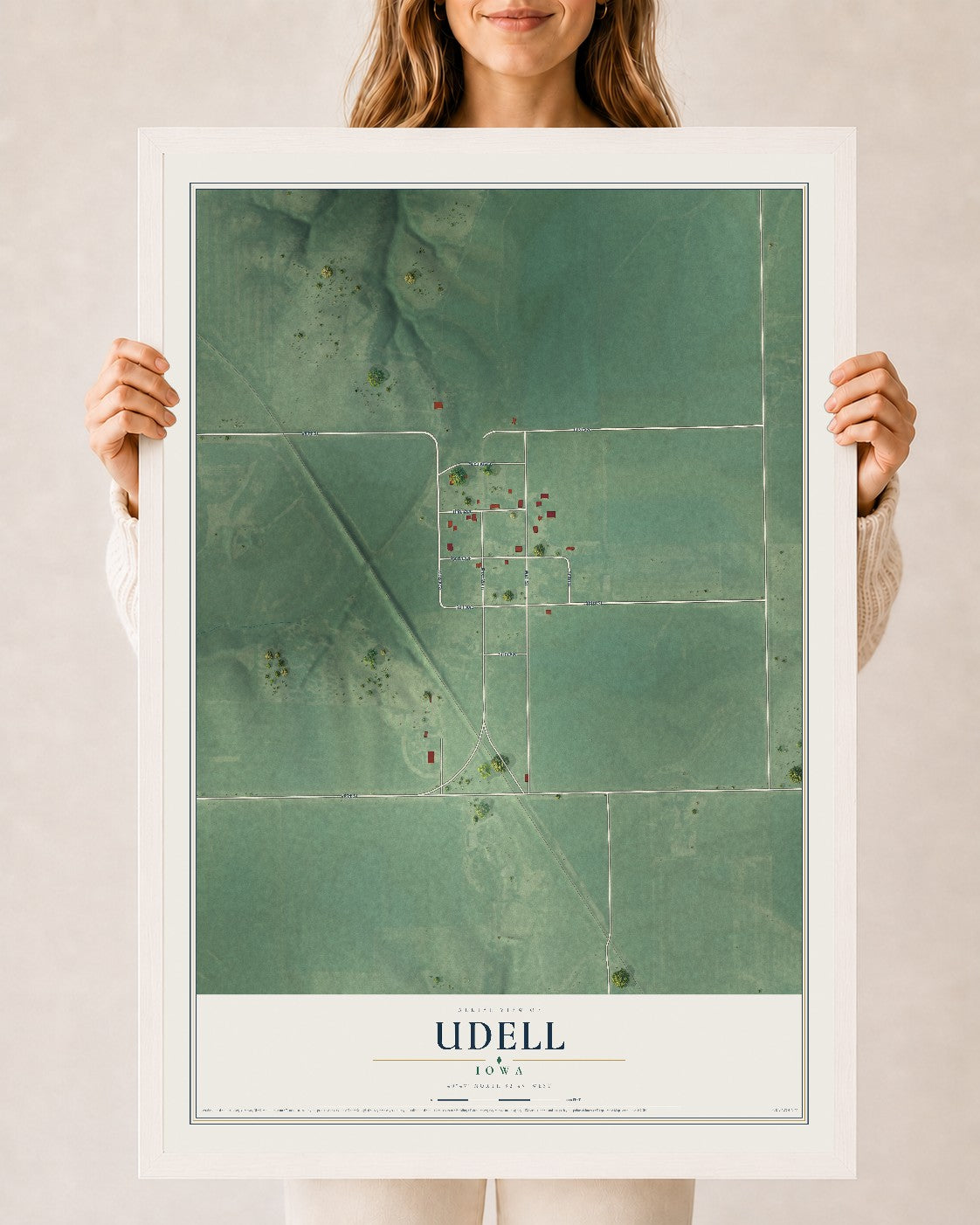 Map of Udell, Iowa, 24 x 36 inch print in a white wood frame