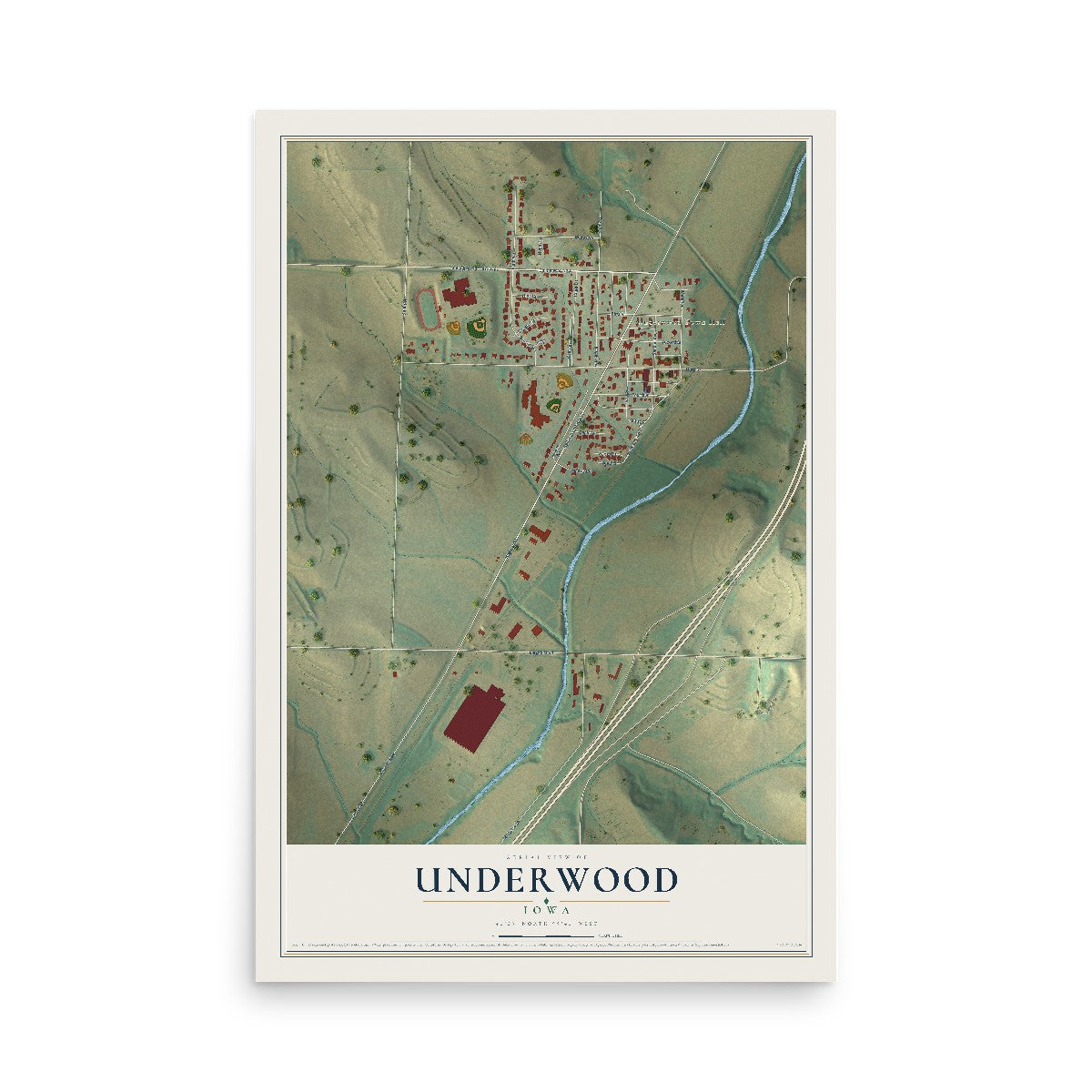 Map of Underwood, Iowa, 12 x 18 inch unframed archival matte print