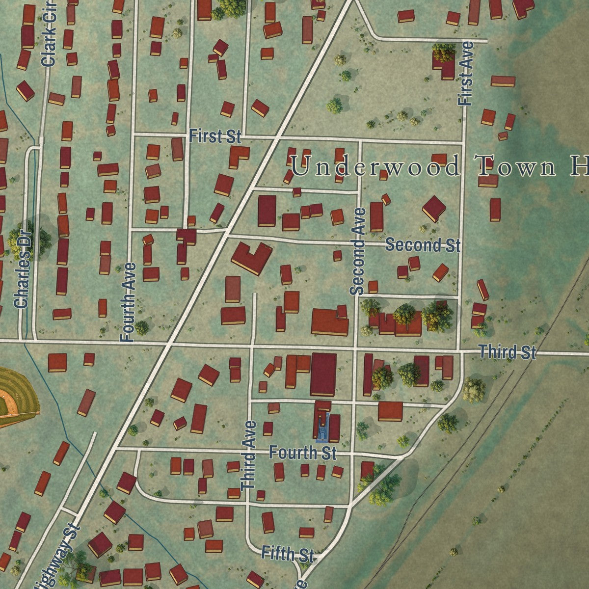 Close-up of the map of Underwood, Iowa print showing street and building detail