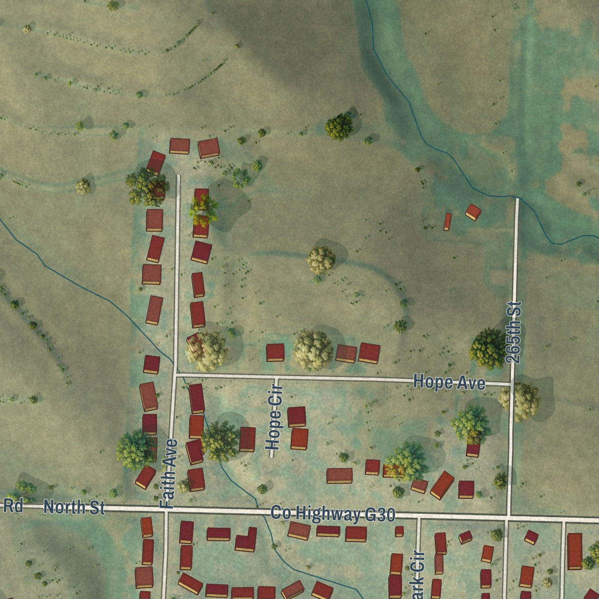 Second close-up of the map of Underwood, Iowa print showing more streets and buildings