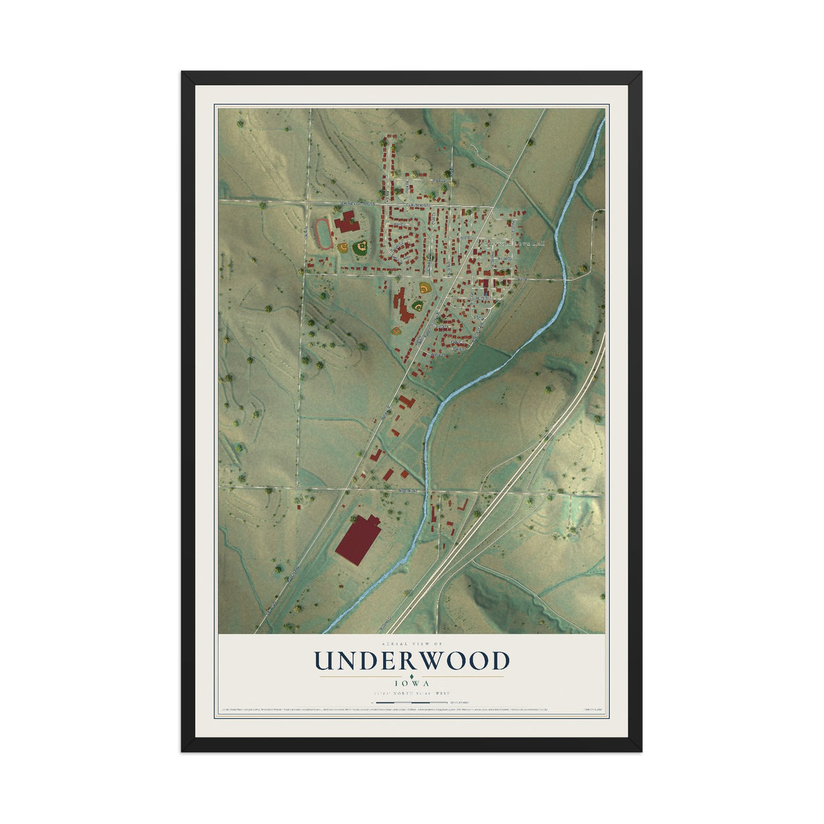 Map of Underwood, Iowa, 12 x 18 inch print in a black wood frame
