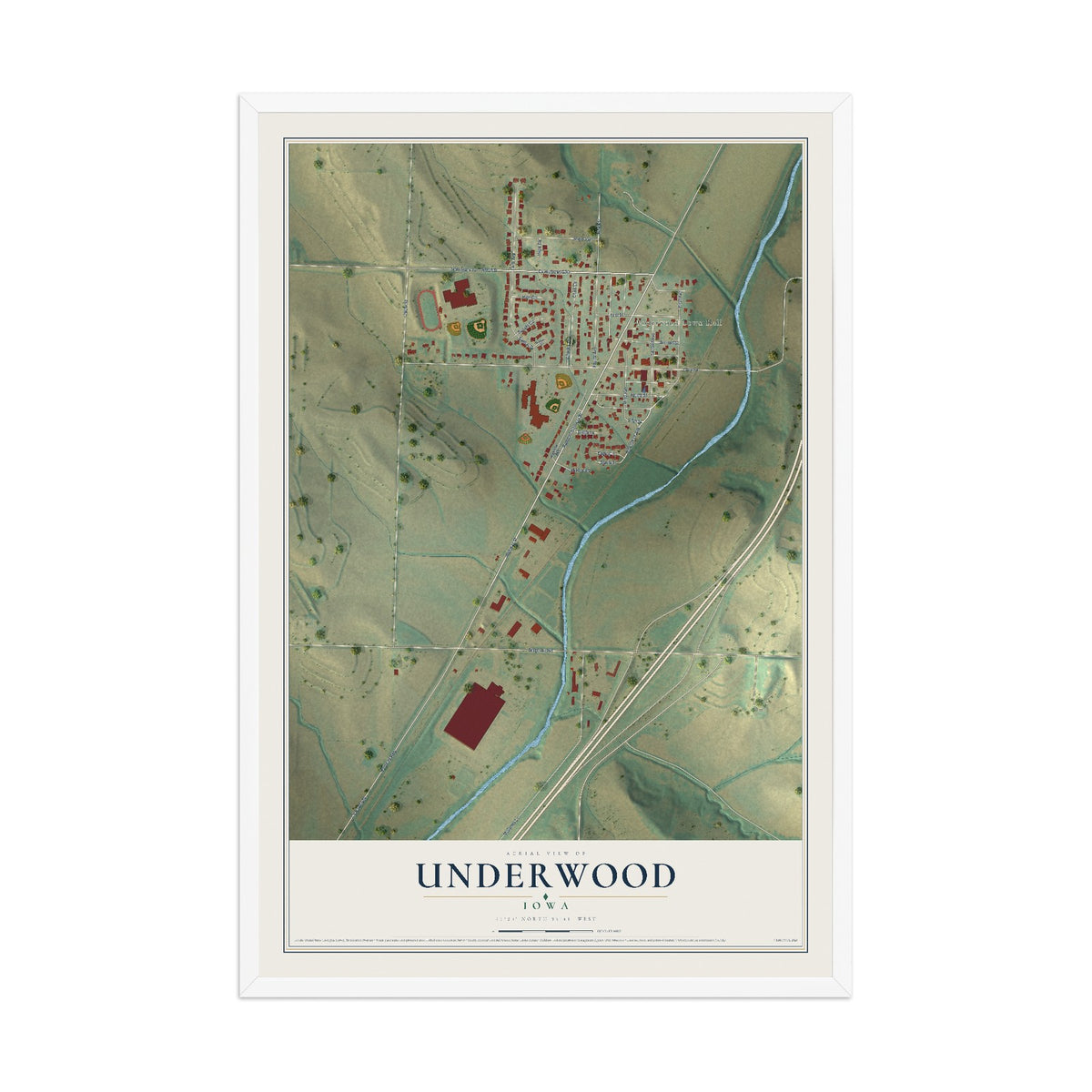 Map of Underwood, Iowa, 12 x 18 inch print in a white wood frame