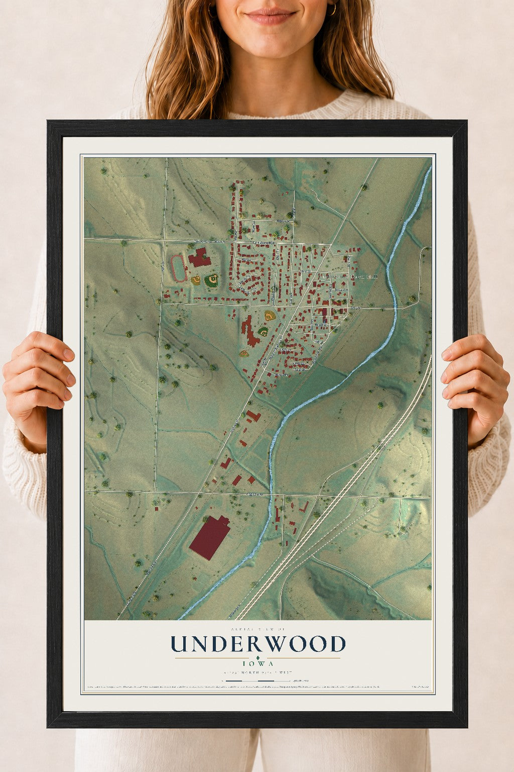 Map of Underwood, Iowa, 18 x 24 inch print in a black wood frame