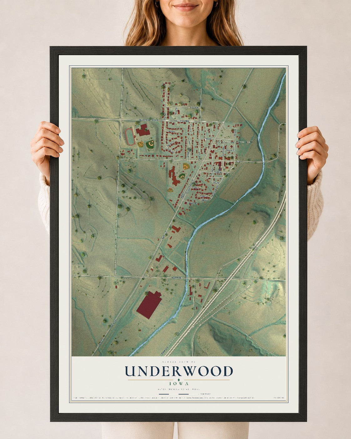 Map of Underwood, Iowa, 24 x 36 inch print in a black wood frame
