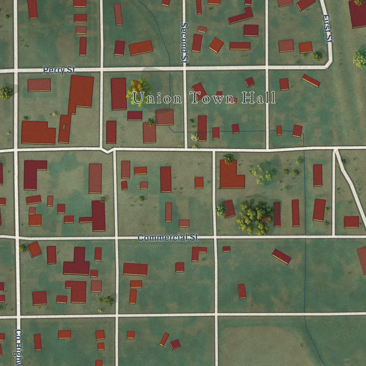 Close-up of the map of Union, Iowa print showing street and building detail