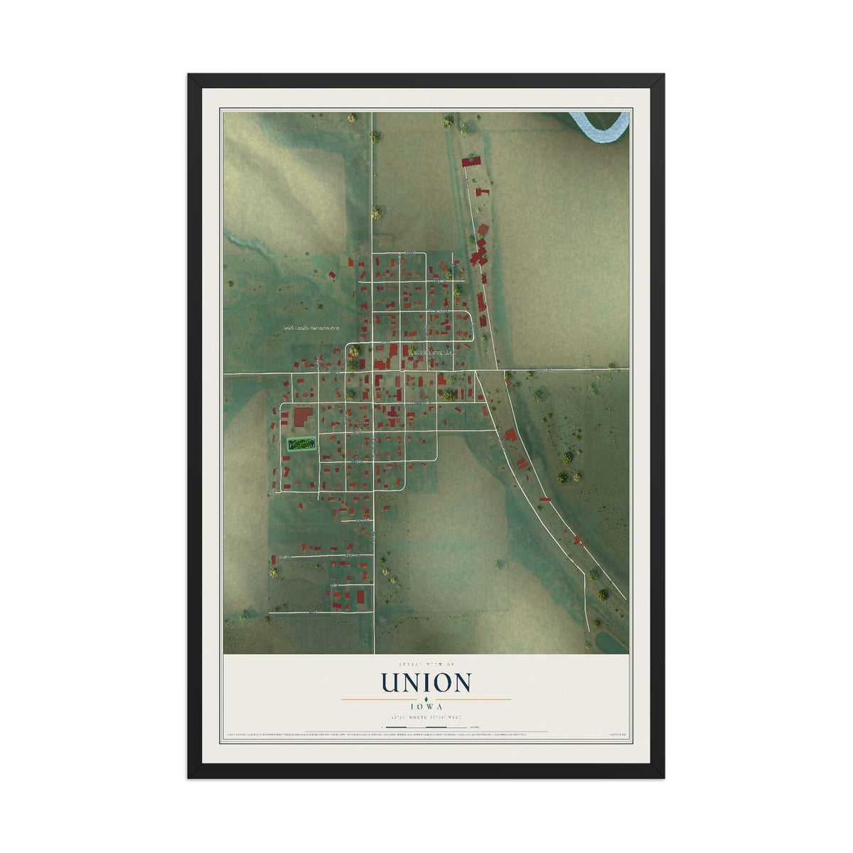 Map of Union, Iowa, 12 x 18 inch print in a black wood frame