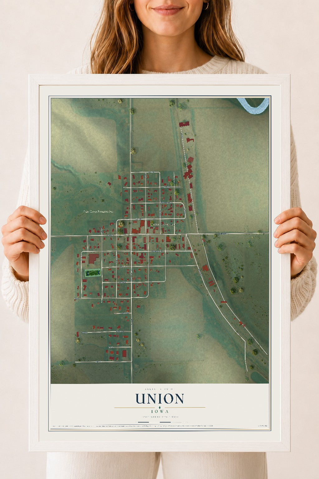 Map of Union, Iowa, 18 x 24 inch print in a white wood frame
