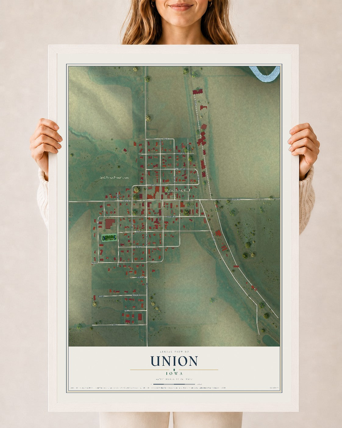 Map of Union, Iowa, 24 x 36 inch print in a white wood frame
