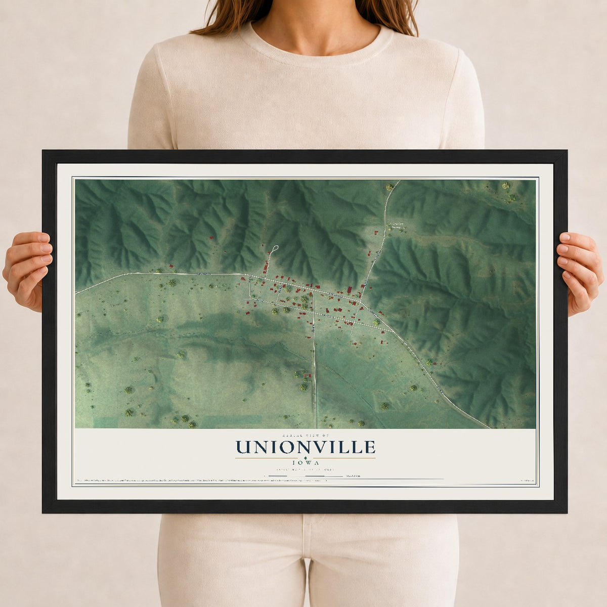 Map of Unionville, Iowa, 12 x 18 inch print in a black wood frame