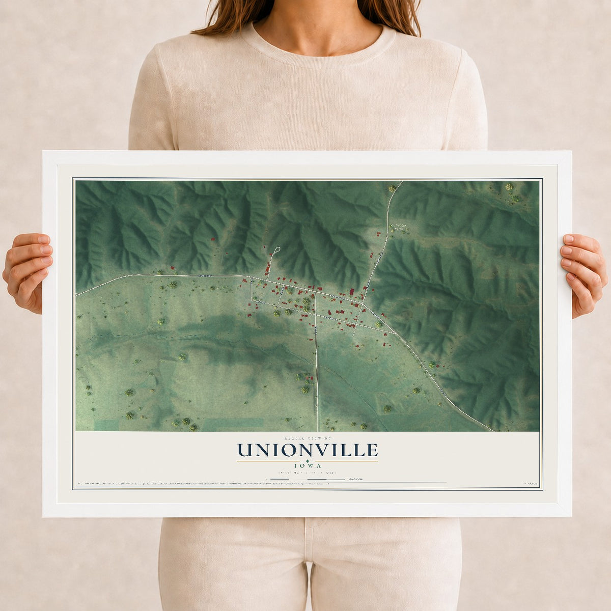 Map of Unionville, Iowa, 12 x 18 inch print in a white wood frame