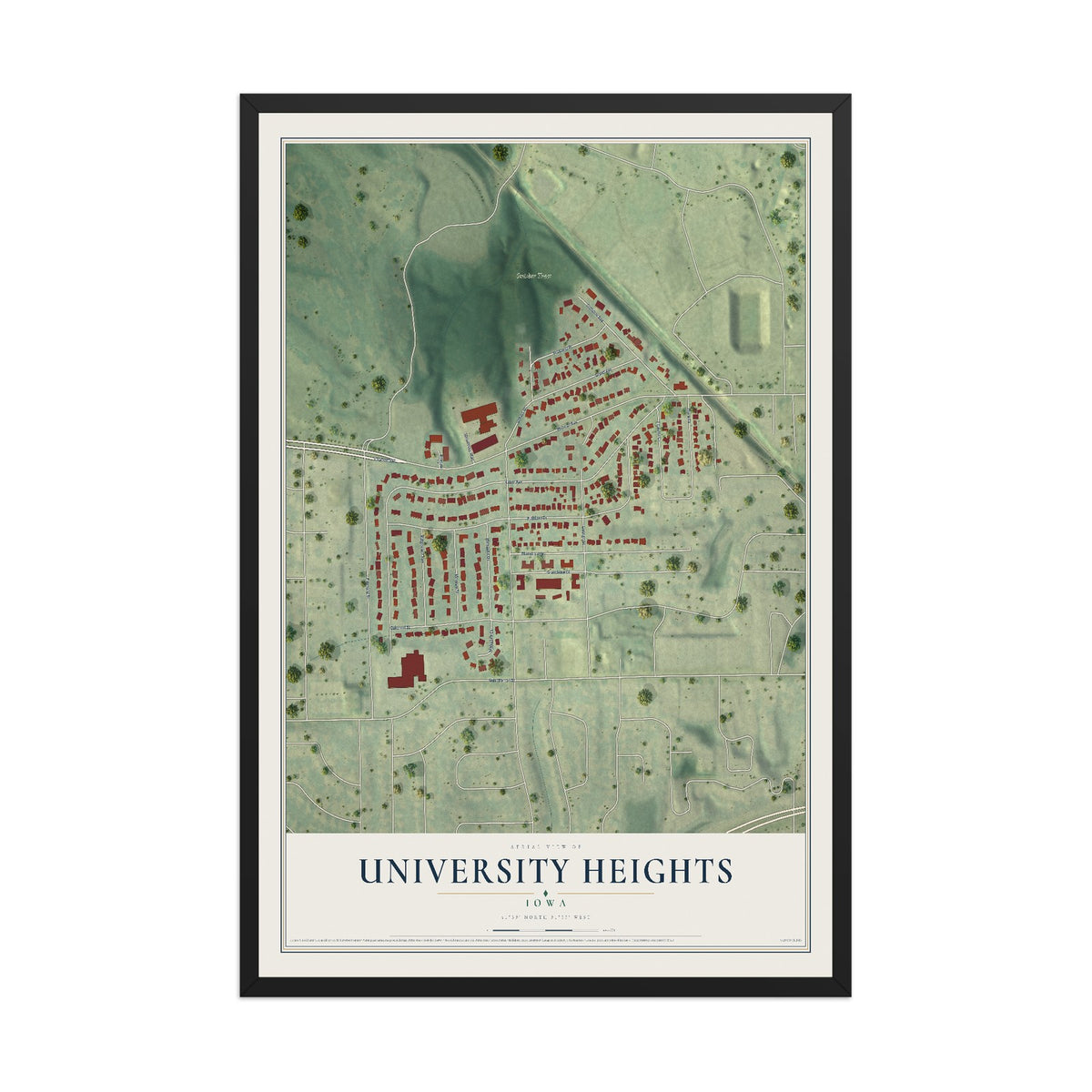 Map of University Heights, Iowa, 12 x 18 inch print in a black wood frame