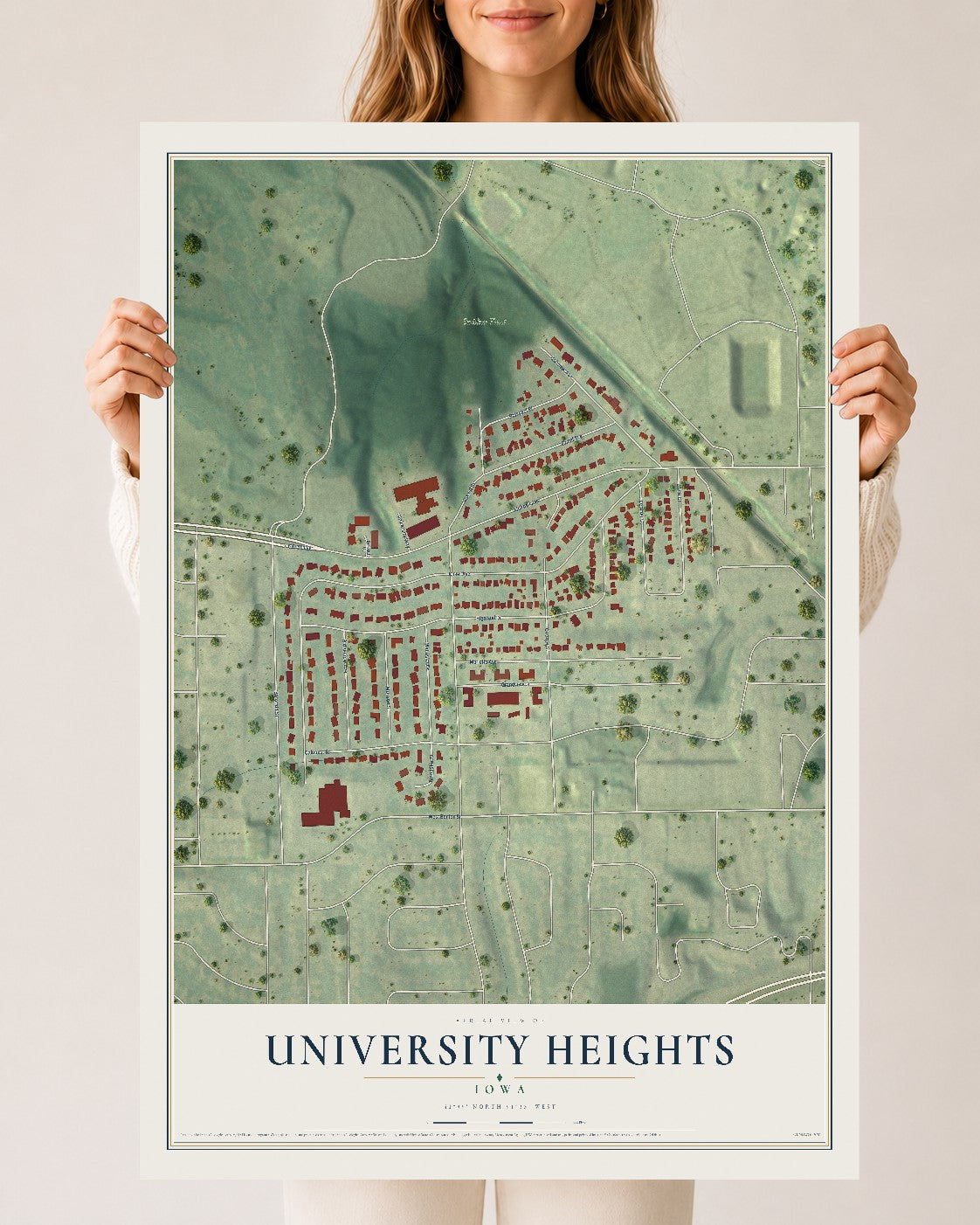 Map of University Heights, Iowa, 24 x 36 inch unframed archival matte print