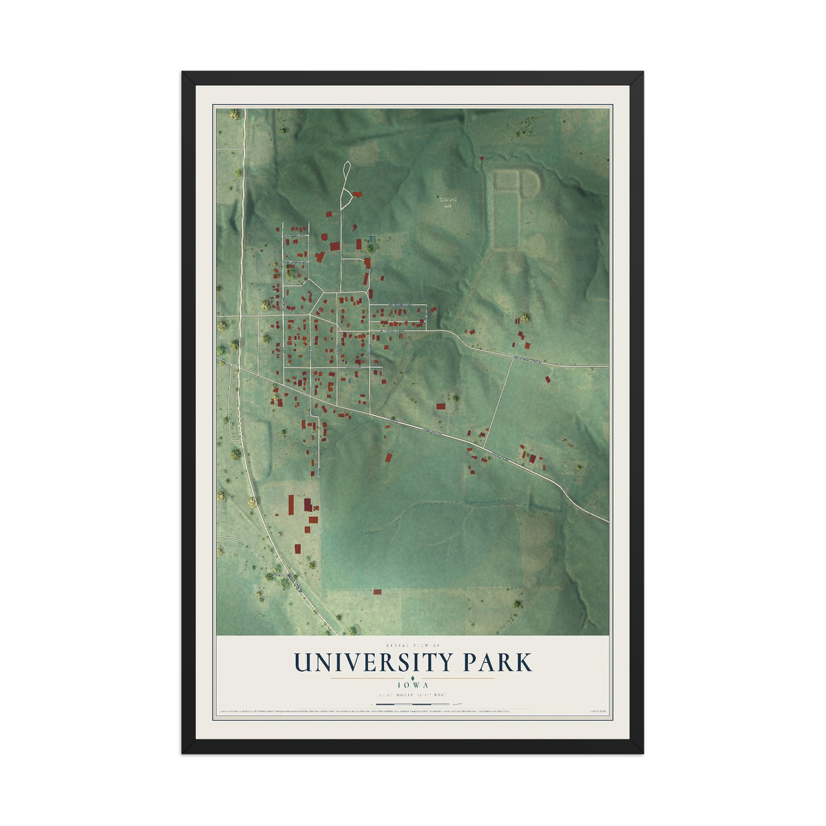 Map of University Park, Iowa, 12 x 18 inch print in a black wood frame