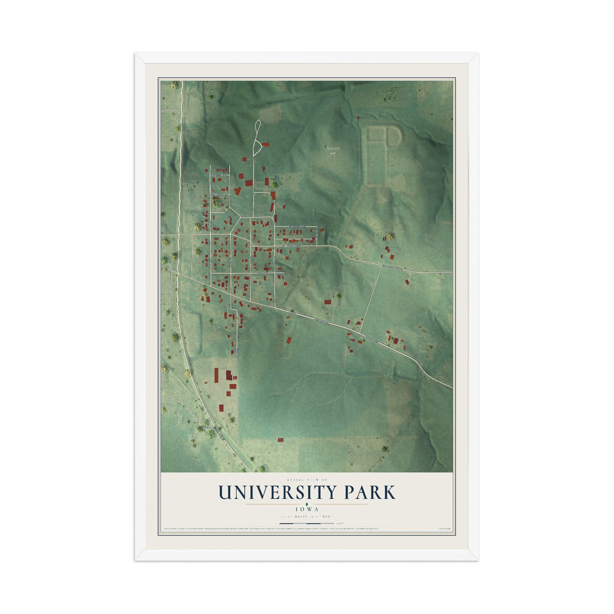Map of University Park, Iowa, 12 x 18 inch print in a white wood frame