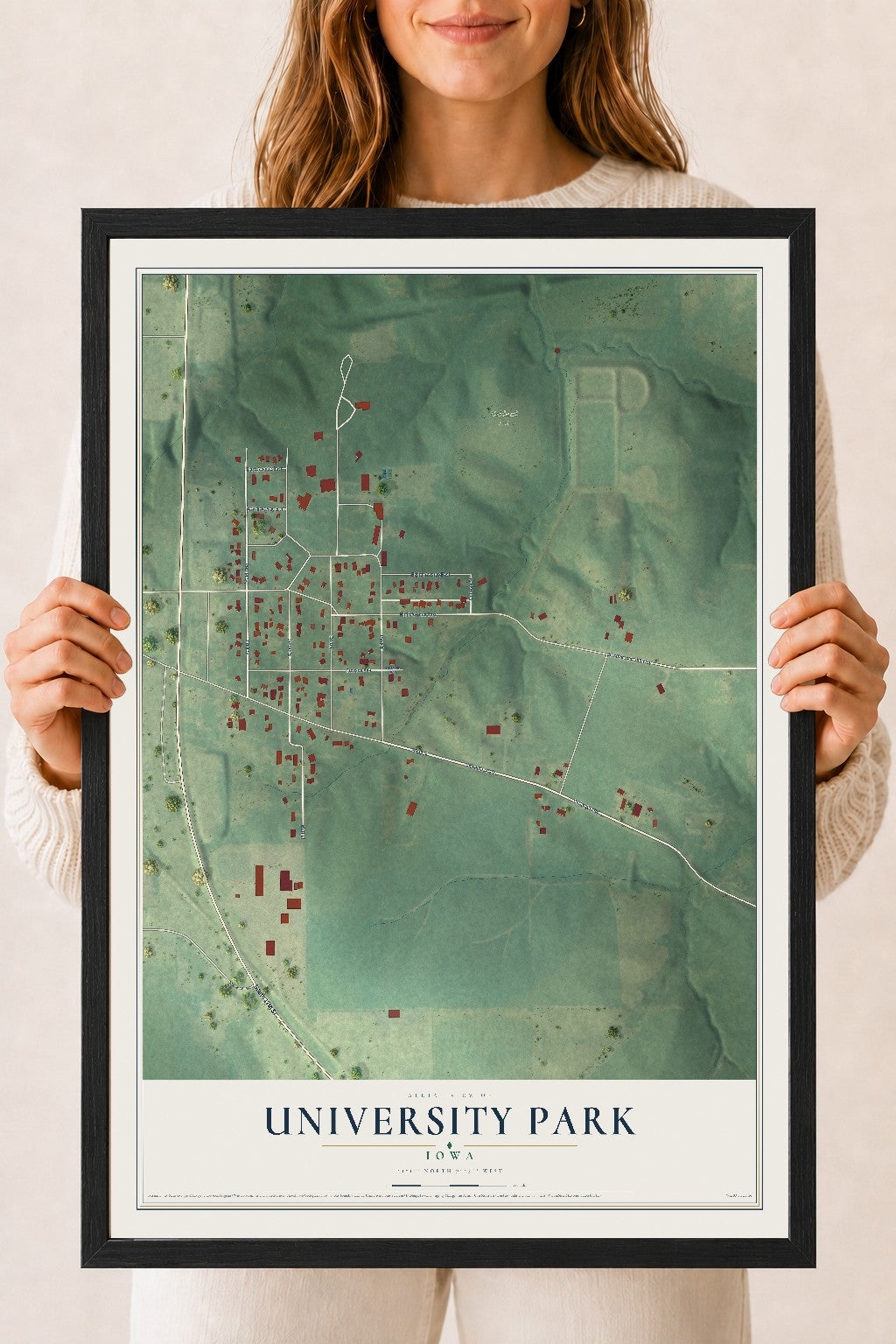 Map of University Park, Iowa, 18 x 24 inch print in a black wood frame