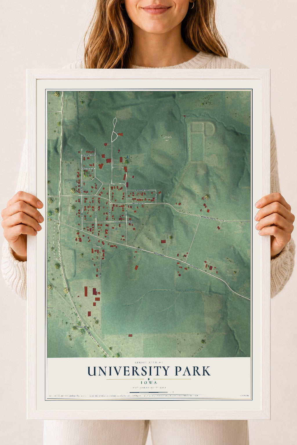 Map of University Park, Iowa, 18 x 24 inch print in a white wood frame
