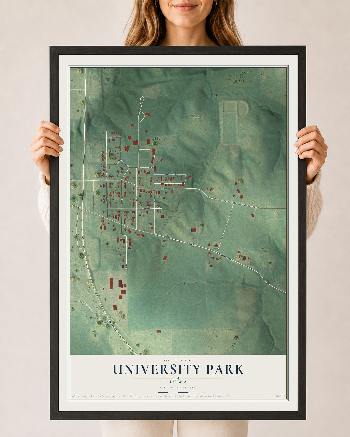 Map of University Park, Iowa, 24 x 36 inch print in a black wood frame