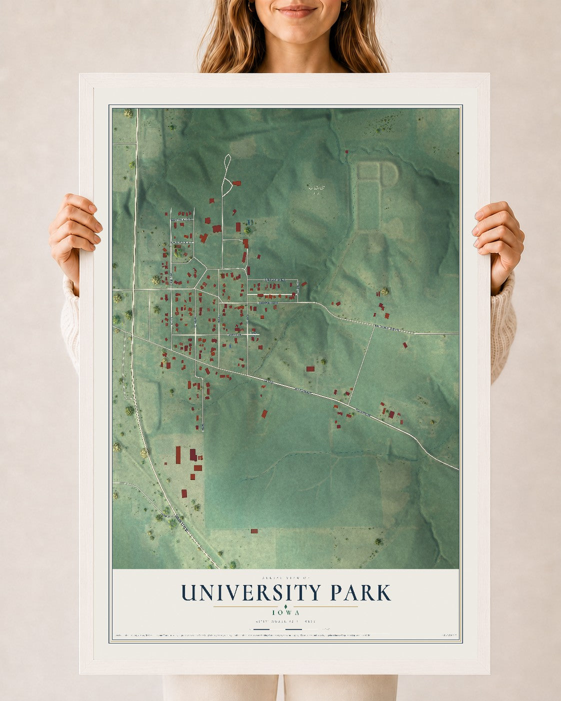 Map of University Park, Iowa, 24 x 36 inch print in a white wood frame
