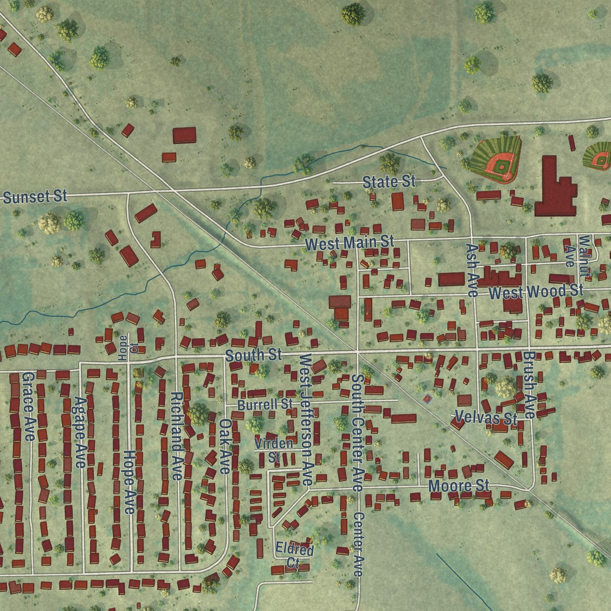Close-up of the map of Urbana, Iowa print showing street and building detail