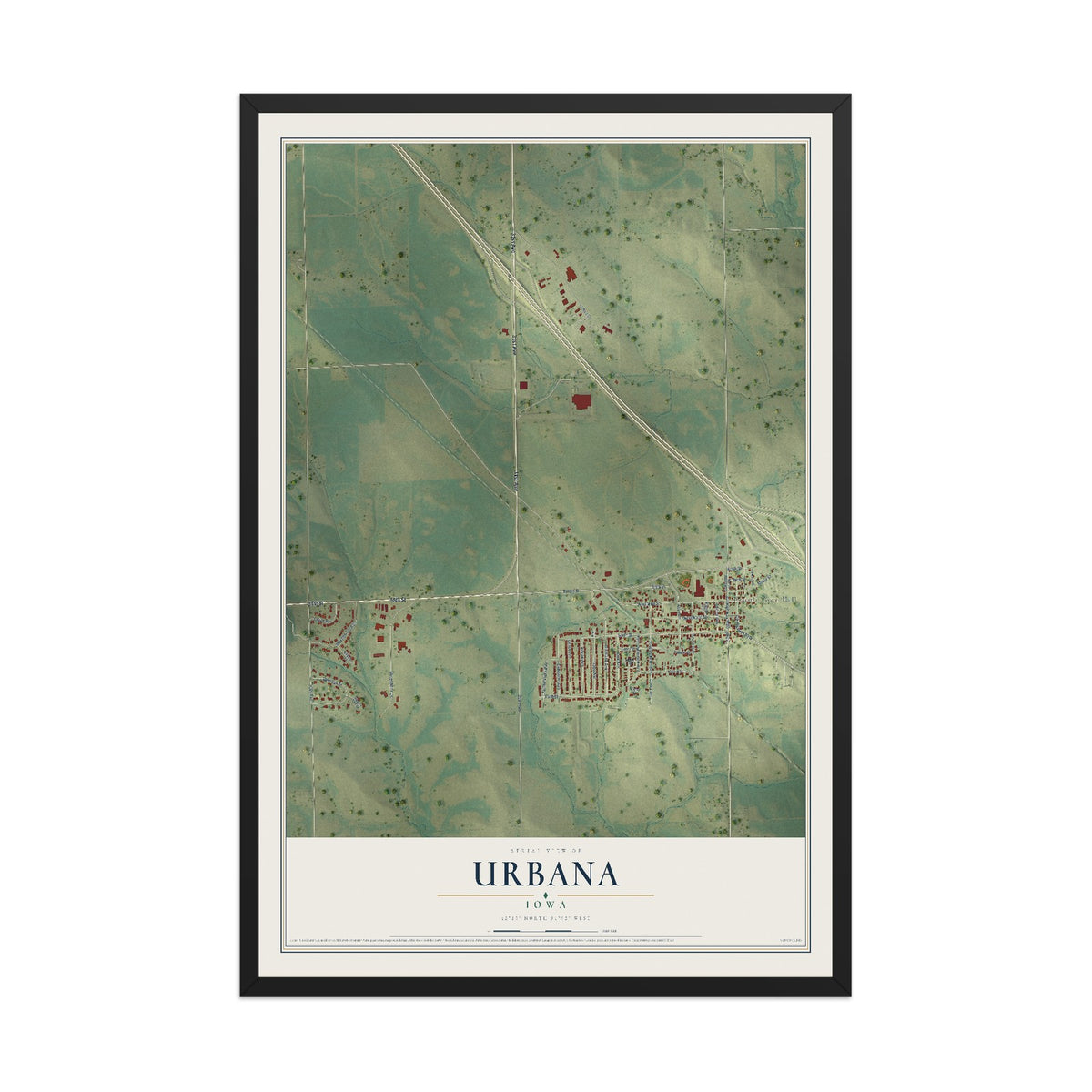 Map of Urbana, Iowa, 12 x 18 inch print in a black wood frame