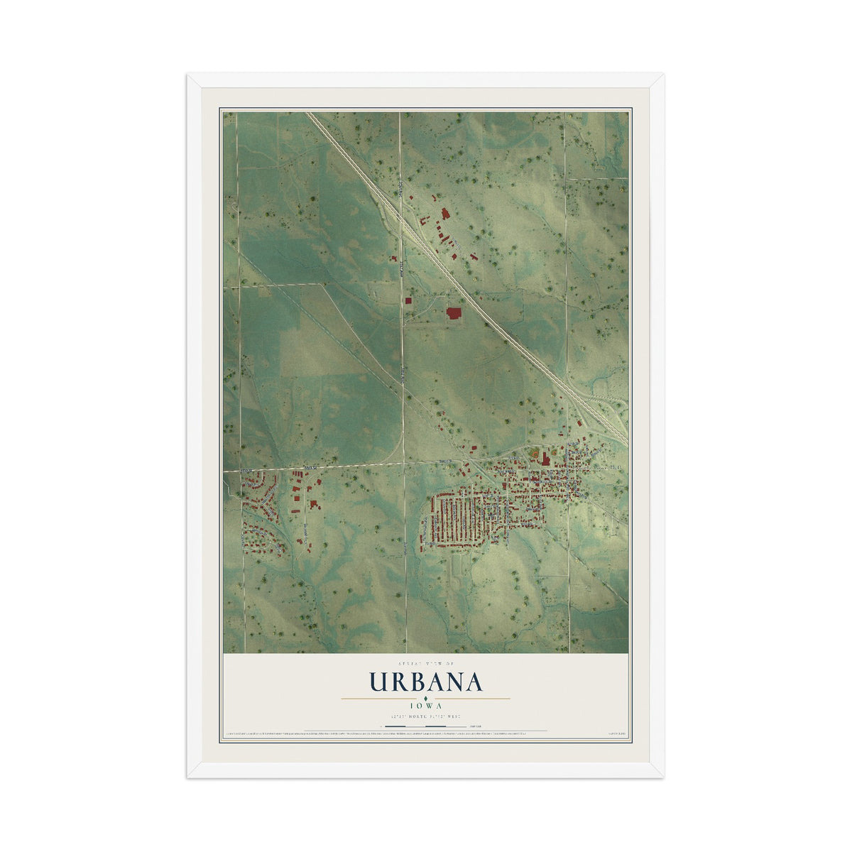 Map of Urbana, Iowa, 12 x 18 inch print in a white wood frame