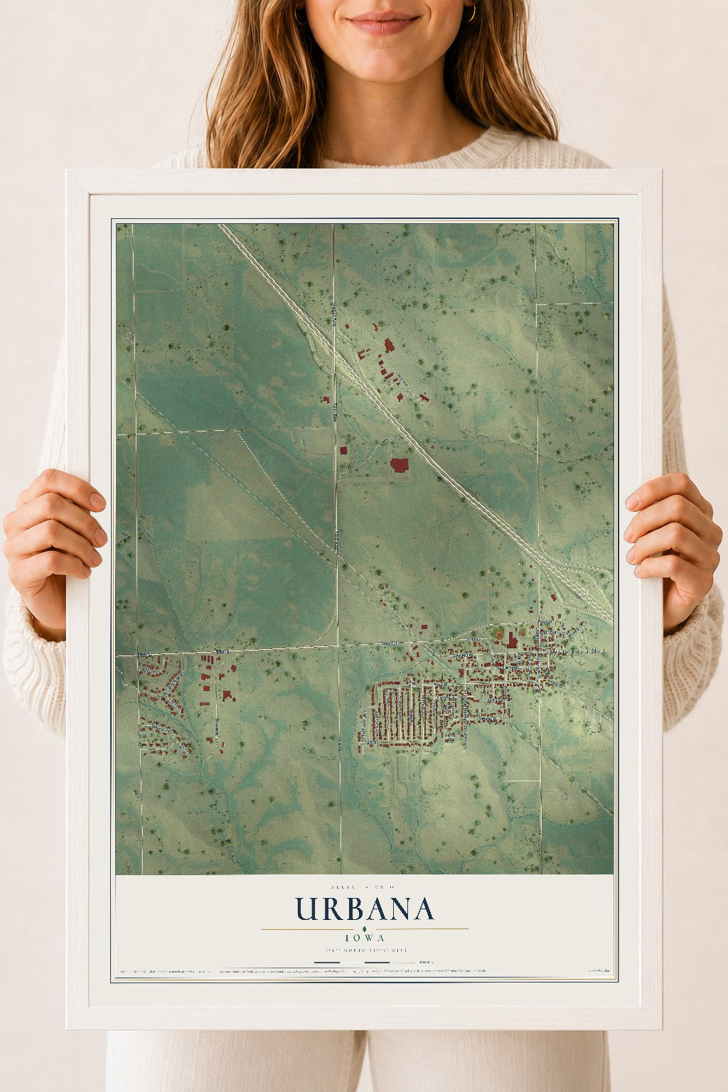 Map of Urbana, Iowa, 18 x 24 inch print in a white wood frame