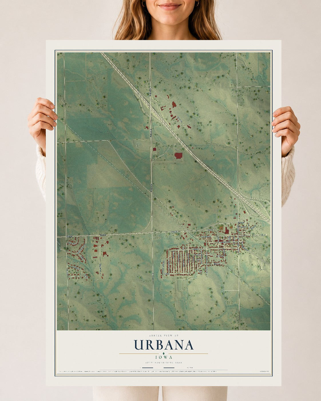 Map of Urbana, Iowa, 24 x 36 inch unframed archival matte print