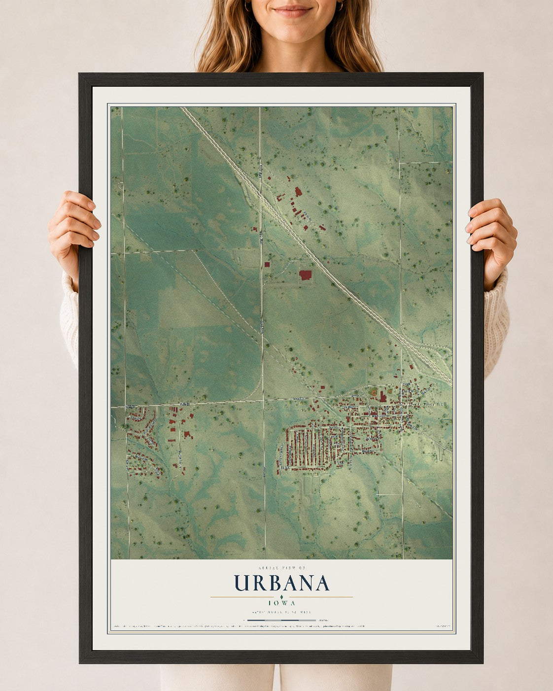 Map of Urbana, Iowa, 24 x 36 inch print in a black wood frame
