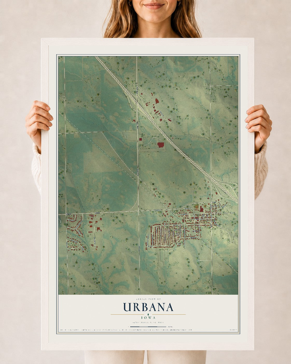Map of Urbana, Iowa, 24 x 36 inch print in a white wood frame