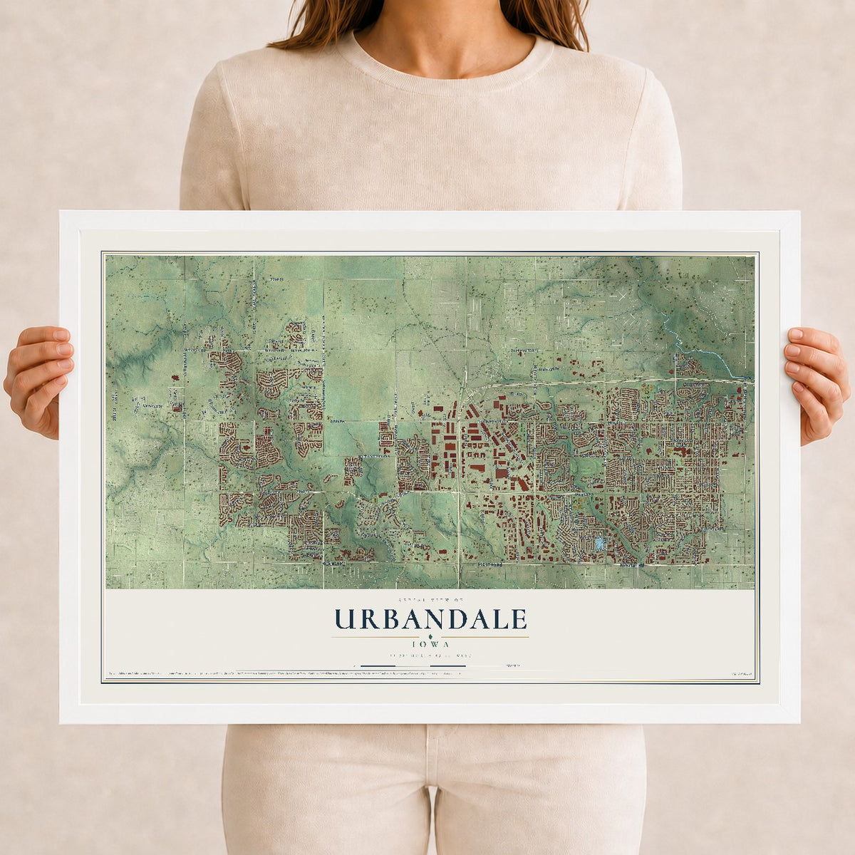 Map of Urbandale, Iowa, 12 x 18 inch print in a white wood frame