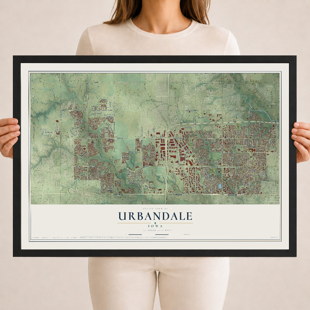 Map of Urbandale, Iowa, 18 x 24 inch print in a black wood frame