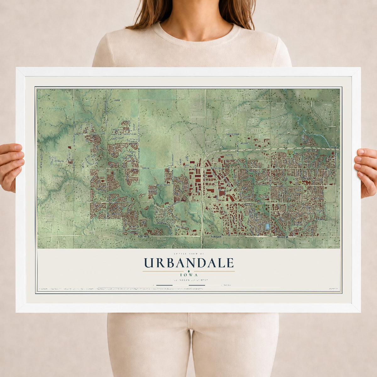 Map of Urbandale, Iowa, 18 x 24 inch print in a white wood frame