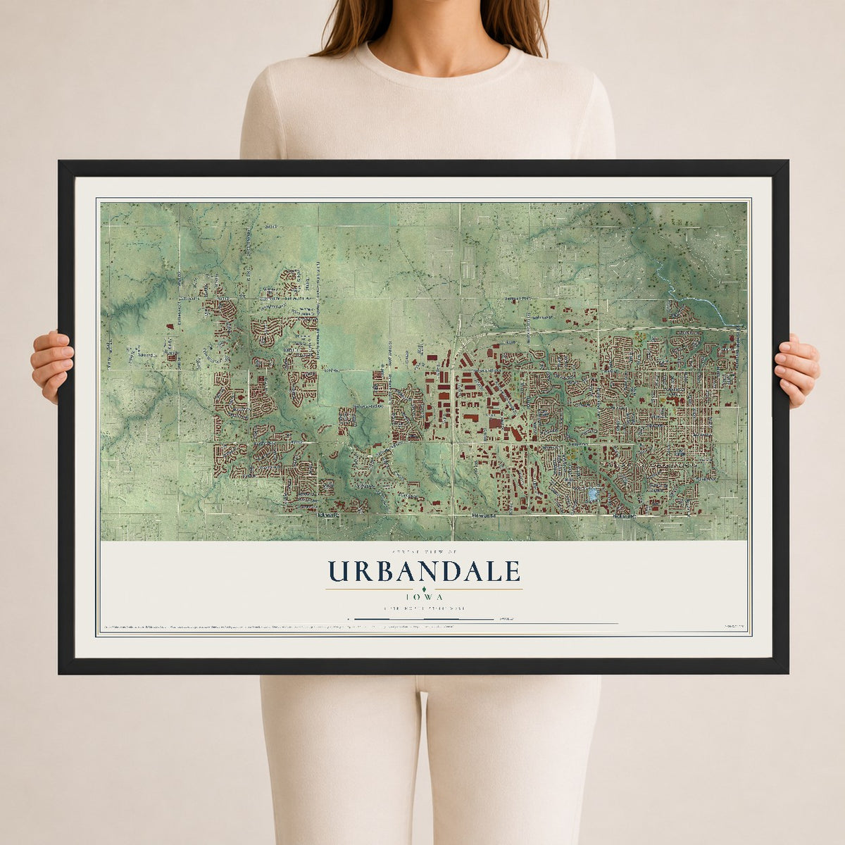 Map of Urbandale, Iowa, 24 x 36 inch print in a black wood frame