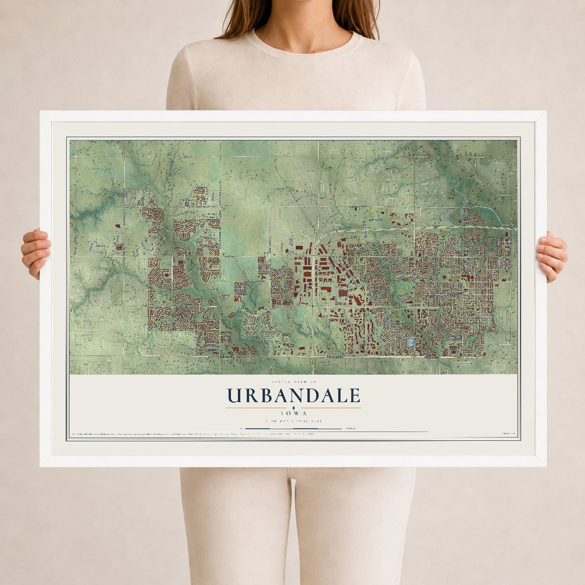 Map of Urbandale, Iowa, 24 x 36 inch print in a white wood frame