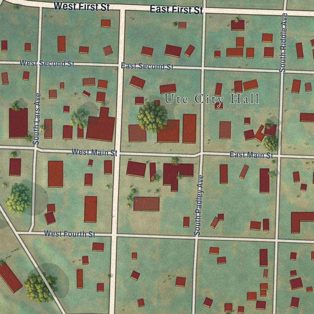 Close-up of the map of Ute, Iowa print showing street and building detail