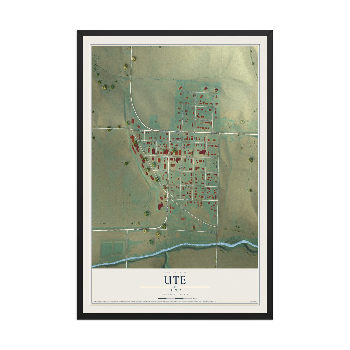 Map of Ute, Iowa, 12 x 18 inch print in a black wood frame