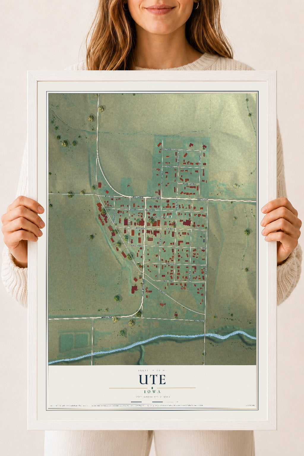 Map of Ute, Iowa, 18 x 24 inch print in a white wood frame