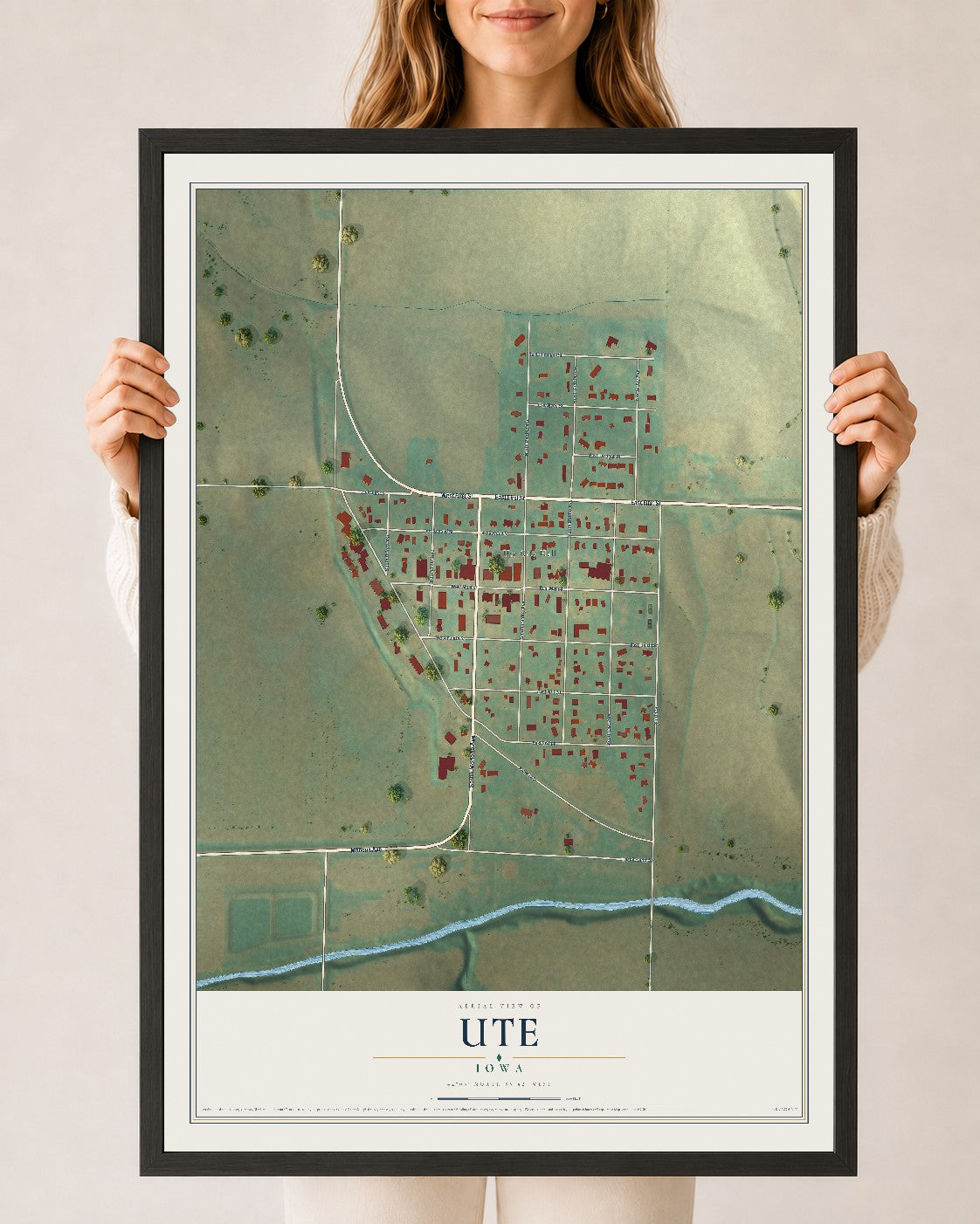 Map of Ute, Iowa, 24 x 36 inch print in a black wood frame