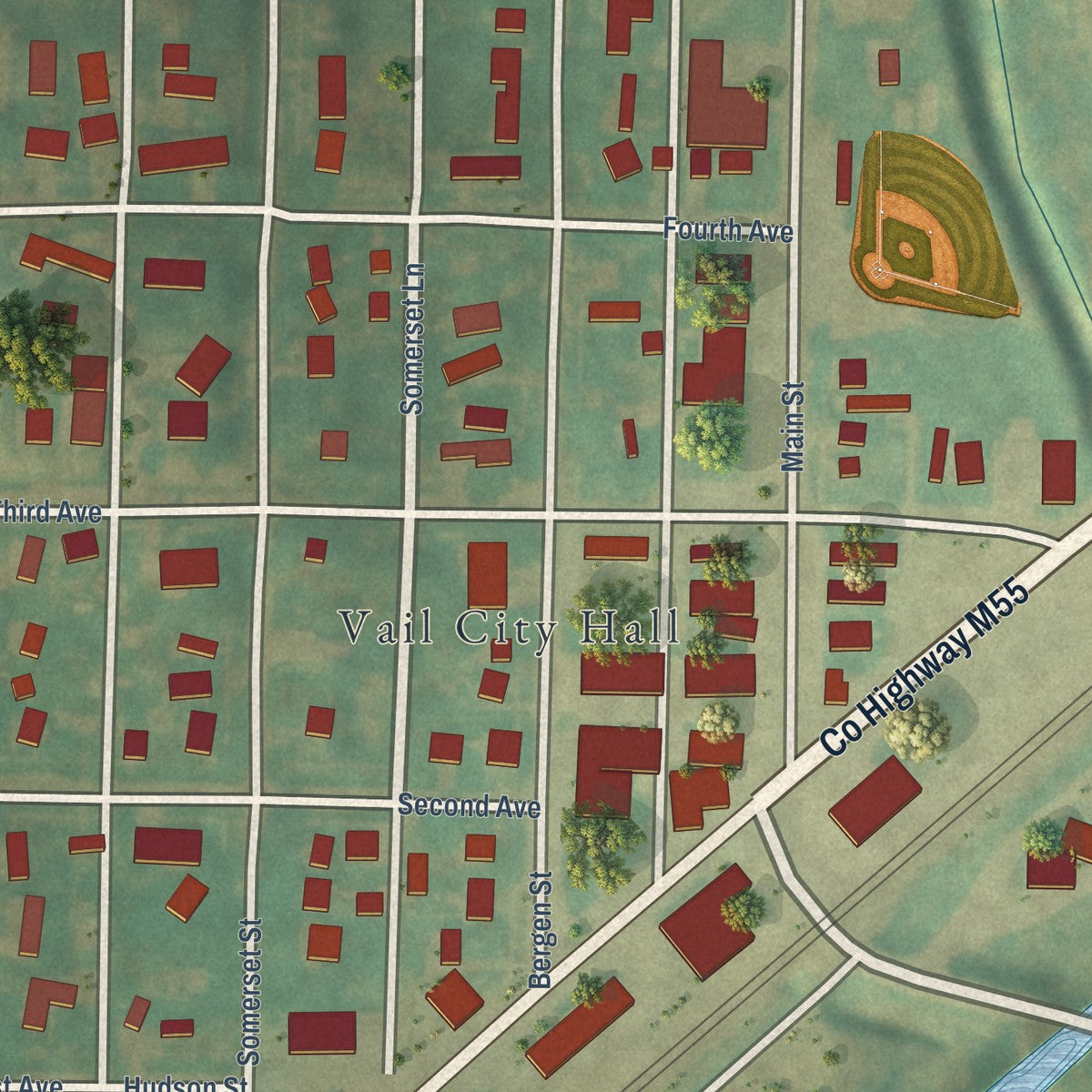 Close-up of the map of Vail, Iowa print showing street and building detail