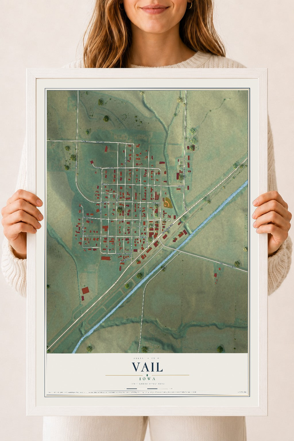 Map of Vail, Iowa, 18 x 24 inch print in a white wood frame
